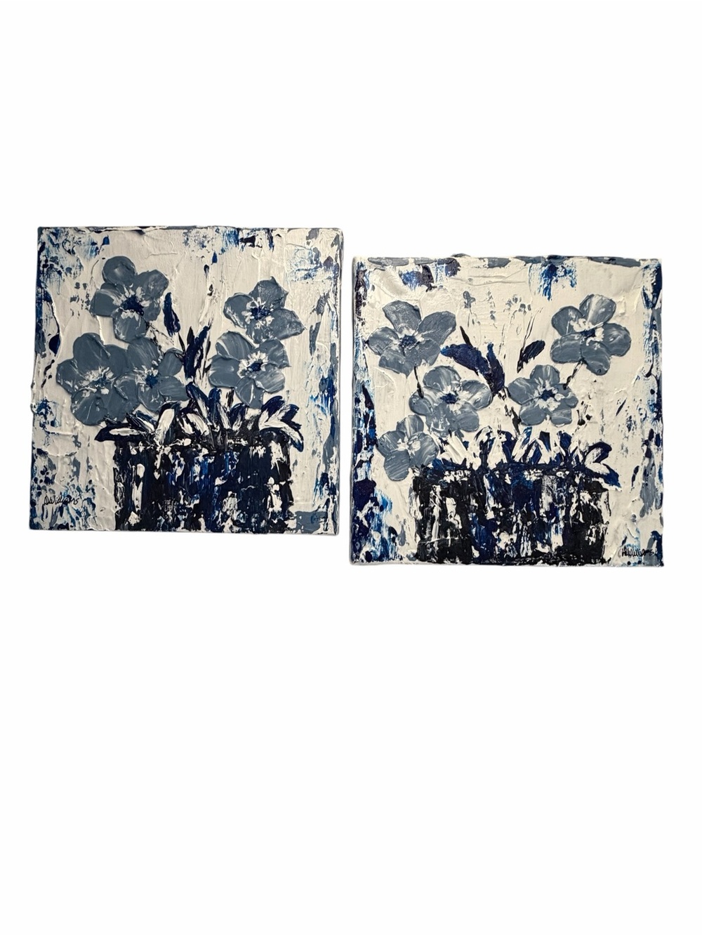 Original Artwork Blooms Impressionism Blue Floral Abstract Canvas Pair 10 x 10"
